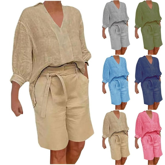 Ashirexll Womens Summer Outfits, Two Piece Sets for Women, Solid Color Loose V-Neck Elbow Sleeve Top and Shorts Set