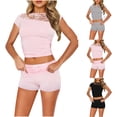 thumbnail image 1 of Ashirexll Womens Summer Outfits, Two Piece Sets for Women, Solid Color Round Neck Lace Top and Low Waist Shorts Set, 1 of 5
