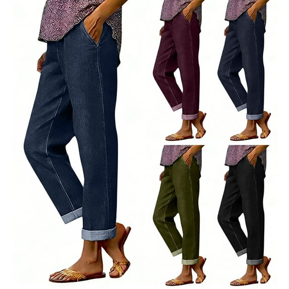 Ashirexll Womens Summer Pants, Casual Pants for Women, Casual Relaxed Straight Leg High Waisted Comfortable Rolled Cuff Daily Trousers