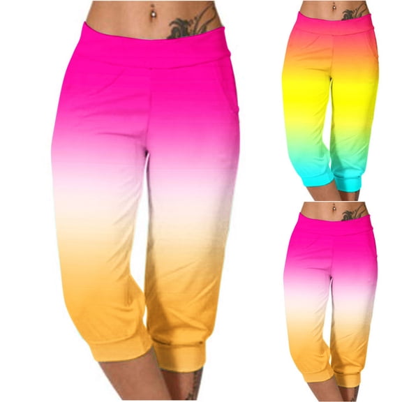 Ashirexll Womens Summer Pants, Casual Pants for Women, Fashion Gradient Color Tie Waist Long Pocketed Capri Pants Casual