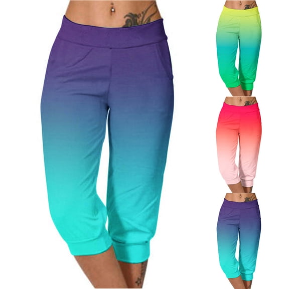 Ashirexll Womens Summer Pants, Casual Pants for Women, Fashion Gradient Color Tie Waist Long Pocketed Capri Pants Casual
