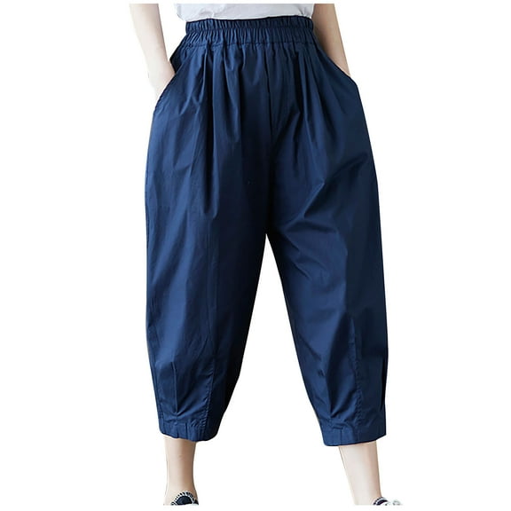 Ashirexll Womens Summer Pants, Casual Pants for Women, Solid Color Pocket Cotton Linen Casual Loose Cropped Trousers