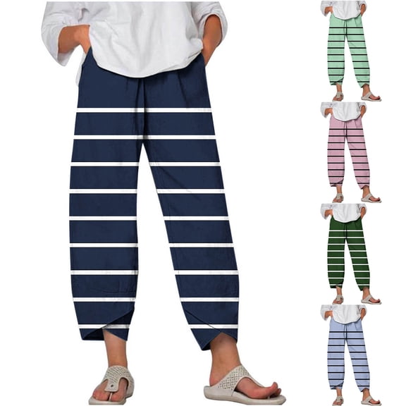 Ashirexll Womens Summer Pants, Casual Pants for Women, Summer Fashion Striped Cropped Trousers Casual Wear