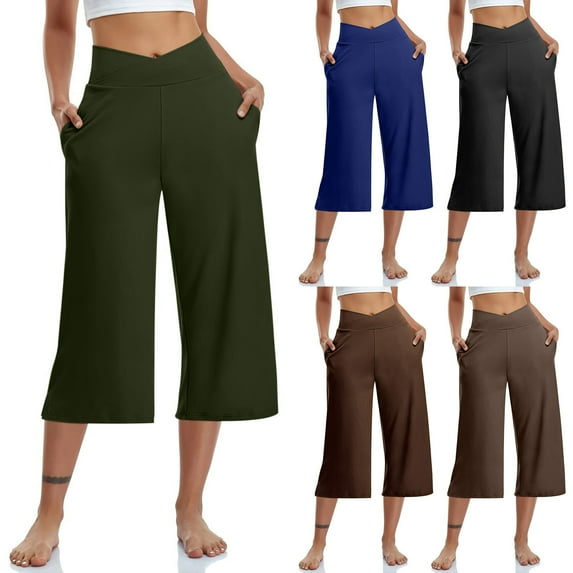 Ashirexll Womens Summer Pants, High Waisted Pants for Women, Color High Waist Pocket Sports Yoga Wide Leg Capri Pants