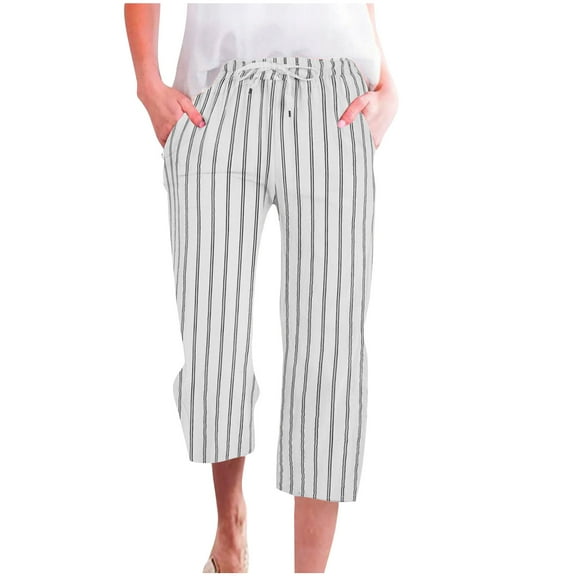 Ashirexll Womens Summer Pants, Wide Leg Pants Woman, Fashion Casual Striped Elastic Loose Straight Wide Leg Pocket Trousers