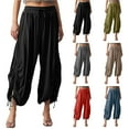 thumbnail image 1 of Ashirexll Womens Summer Pants, Wide Leg Pants Woman, Solid Color Drawstring Linen Loose Wide Leg Straight Cropped Pocket Pants, 1 of 7