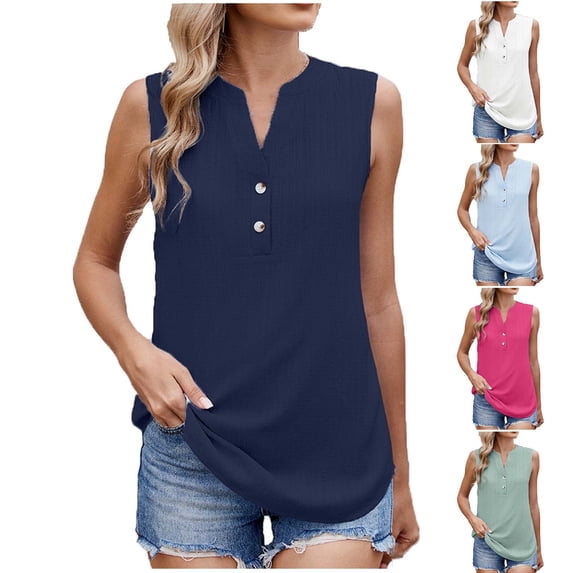Ashirexll Womens Summer Tops Fashion Casual Spring Summer Solid Color V-Neck Button Sleeveless Chiffon Blouses