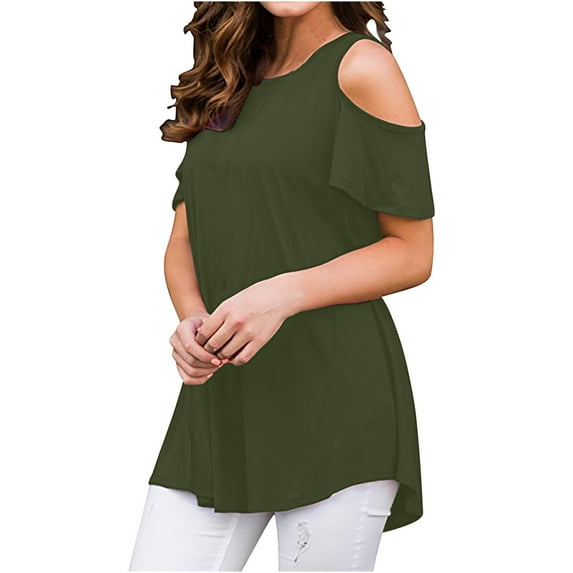 Ashirexll Womens Summer Tops Off Shoulder Short Sleeve Casual Plus Size Summer Tops Loose Blouse Oversized Tshirts for Women Army Green S
