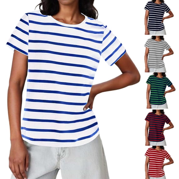 Ashirexll Womens Summer Tops, Short Sleeve Shirts for Women, Fashion Striped Casual Short Sleeve Crew Neck Blouse