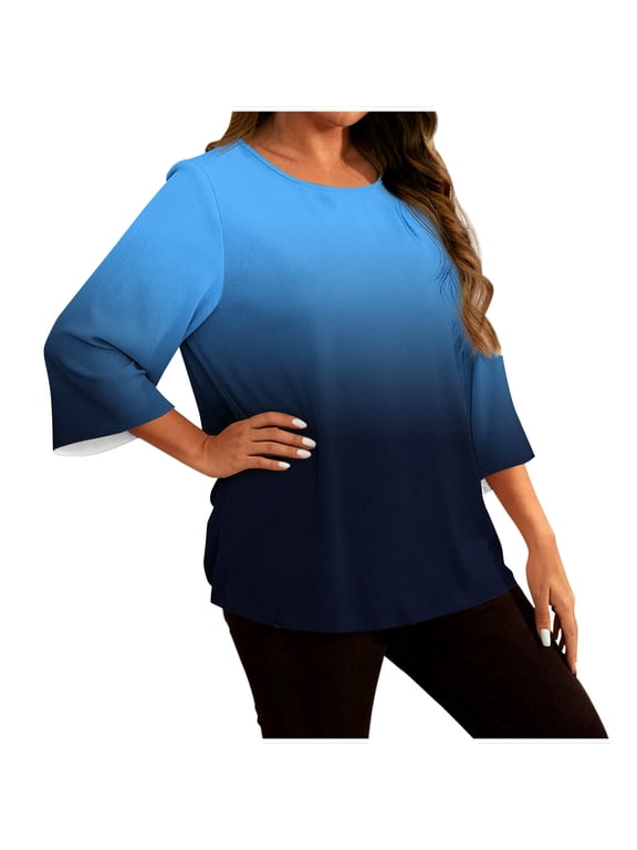 Womens Summer Tops, Short Sleeve Shirts for Women, Plus Size Gradient Blouse Home Casual Long Sleeve Round Neck Top