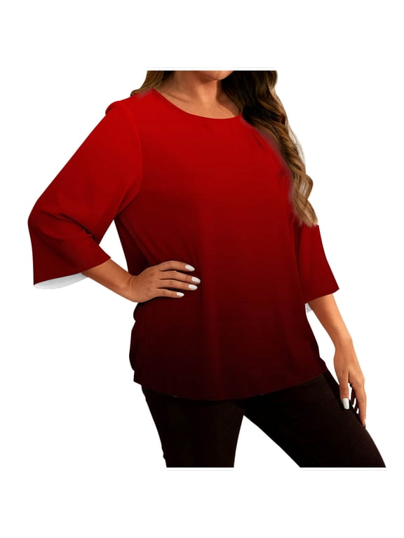 Womens Summer Tops, Short Sleeve Shirts for Women, Plus Size Gradient Blouse Home Casual Long Sleeve Round Neck Top
