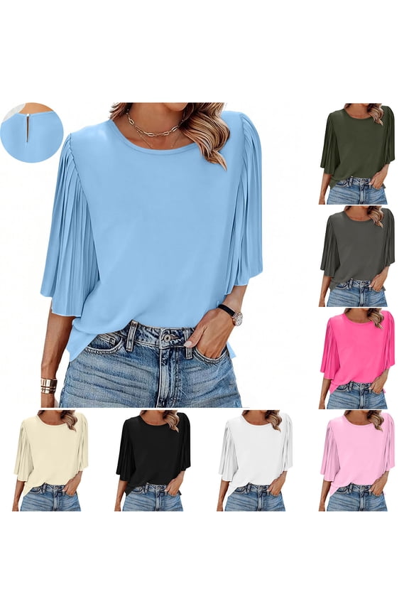 Womens Summer Tops, Short Sleeve Shirts for Women, Solid Color Chiffon Pleated Flared Sleeve Back Button Up Round Neck Top