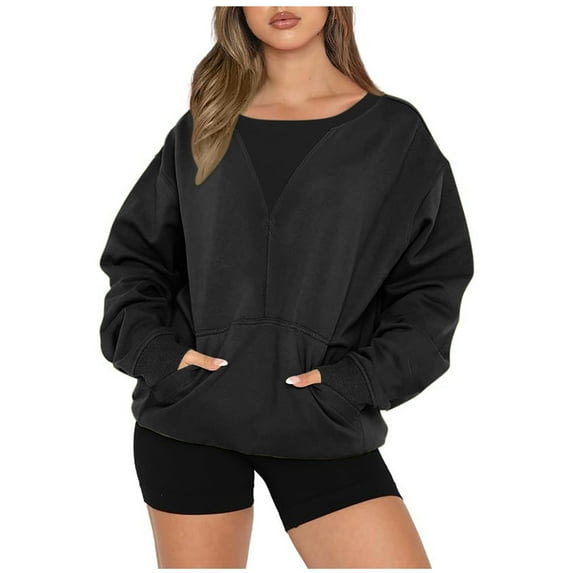 Ashirexll Womens Sweatshirt, Long Sleeves Casual Shirts Solid Color Round Neck Sweatshirt Pullover Loose Tunic Tops with Pockets Black S