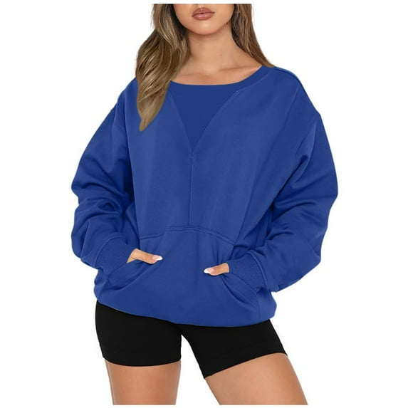 Ashirexll Womens Sweatshirt, Long Sleeves Casual Shirts Solid Color Round Neck Sweatshirt Pullover Loose Tunic Tops with Pockets Blue S