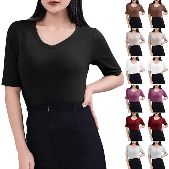 Ashirexll Womens T Shirts Summer Tops for Women Casual Solid Color V-Neck Short Sleeve Blouses