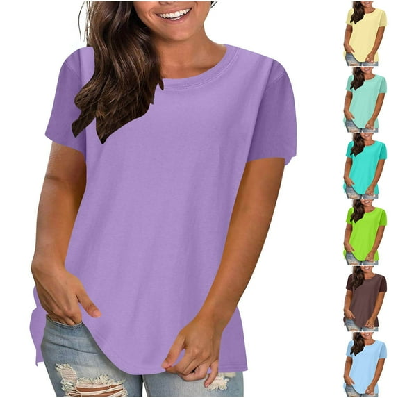 Ashirexll Womens T Shirts Summer Tops for Women Solid Color Round Neck Short Sleeve Casual Loose Top T-shirt