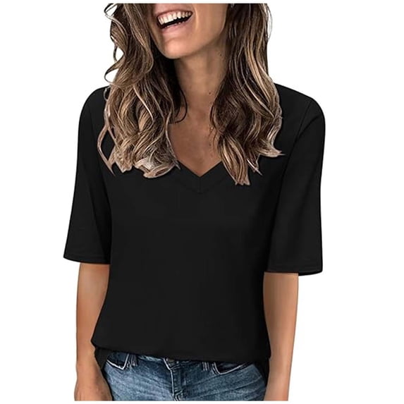 Ashirexll Womens Tops, Fashion Solid Color Plus Size Casual V-Neck Loose Cute T-Shirt Elbow Length Tops for Women Black XXL