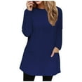 thumbnail image 1 of Ashirexll Womens Tops Plus Size Long Sleeve Shirts for Women Round Neck Fall Winter Loose Solid Color Pocket Casual Long Sleeve Top Dark Blue S, 1 of 1
