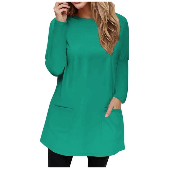 Ashirexll Womens Tops Plus Size Long Sleeve Shirts for Women Round Neck Fall Winter Loose Solid Color Pocket Casual Long Sleeve Top Mint Green 3XL