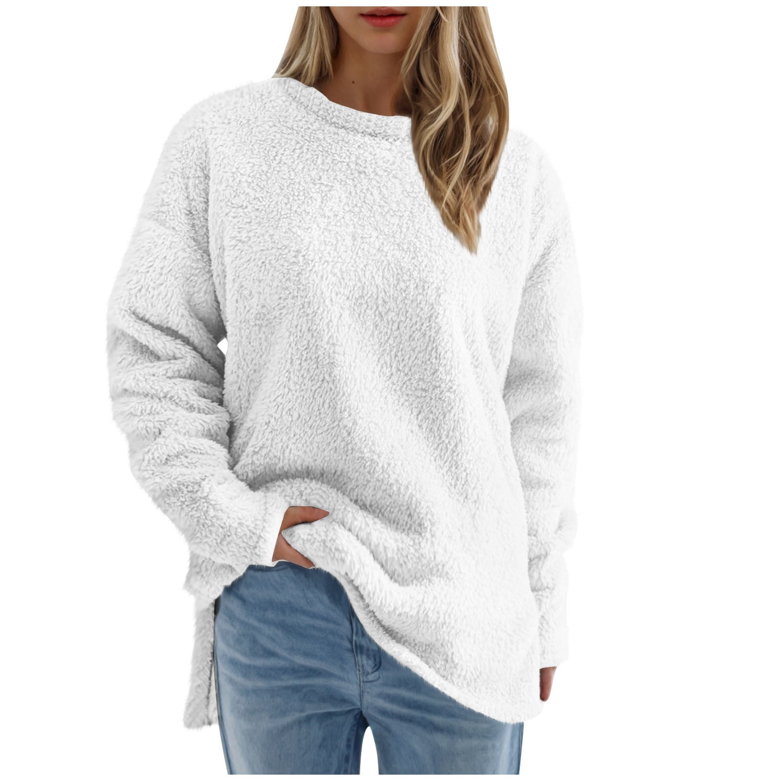 Ashirexll Womens Tops Solid Color Plush Round Neck Pullover Split Hem