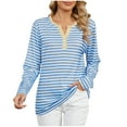 thumbnail image 1 of Ashirexll Womens Tops Striped V-Neck Botton Fall and Winter Long Sleeve Shirts for Women Light Blue L, 1 of 7