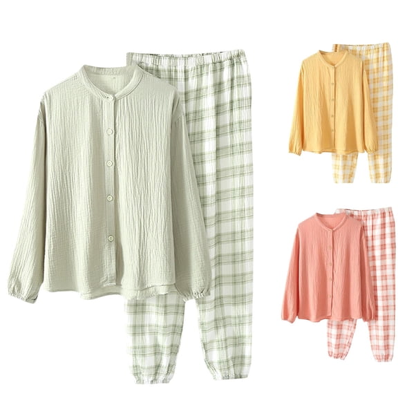 Ashirexll Womens Two Piece Sets, Fuzzy Pajamas for Women, Fashion Round Neck Buckle Fastening Loose Wrinkle Long Sleeve Elastic Waist Plaid Print Trousers Pajama Set