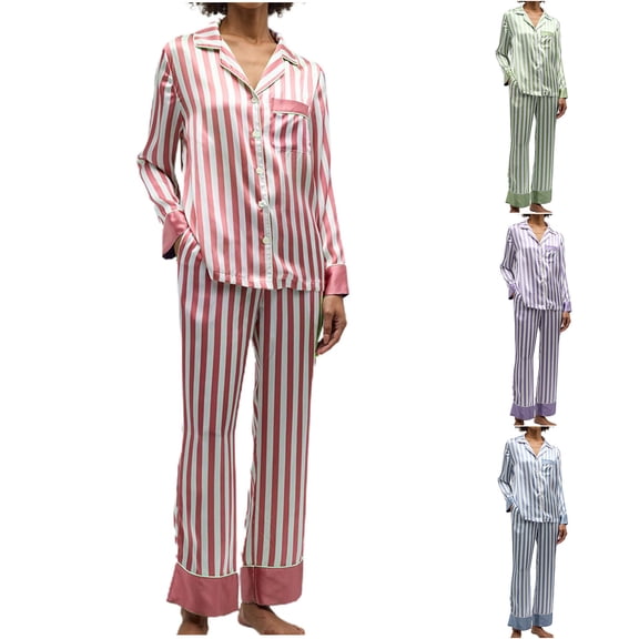 Ashirexll Womens Two Piece Sets, Fuzzy Pajamas for Women, Printing Fashion Leisure Collar Cardigan Satin Home Dress Pajama Set