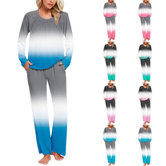Ashirexll Womens Two Piece Sets, Fuzzy Pajamas for Women, Stylish Gradient Print Casual Pants with Matching Top Pajama Set