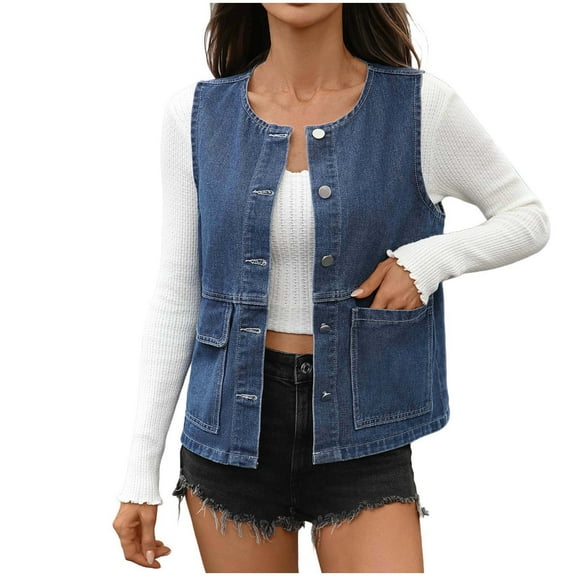 Ashirexll Womens Vests Outerwear, Womens Winter Coats, Solid Color Sleeveless Denim Outerwear with Button Double Pocket and Round Neck