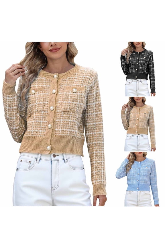 Womens Winter Coats, Jackets for Women Trendy, Fashion Checkered Printed Pearl Button Pocket Casual Knitted Sweater