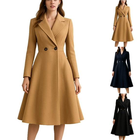 Ashirexll Womens Winter Coats, Womens Long Sleeve Tops Winter Double Breasted Buttoned A Line Pleated Wool Long Coat