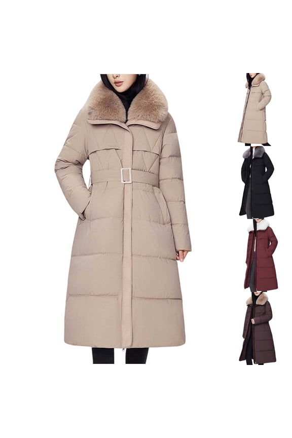 Womens Winter Coats, Womens Puffer Coats, Long Over The Knee Down Jacket with High Collar and Waist Cinching for Warmth