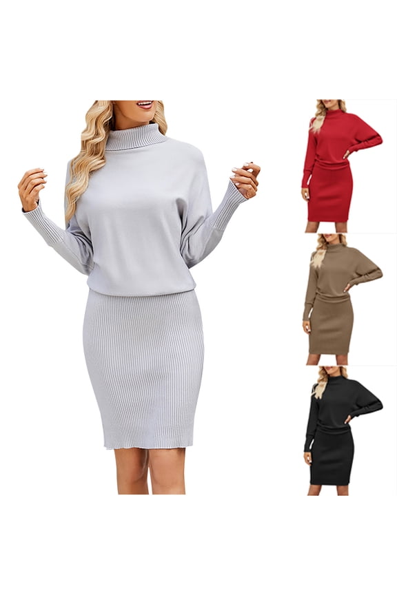 Womens Winter Dresses, Midi Dresses for Women, Color Long Knitted Style High Neck Sweater Casual Solid