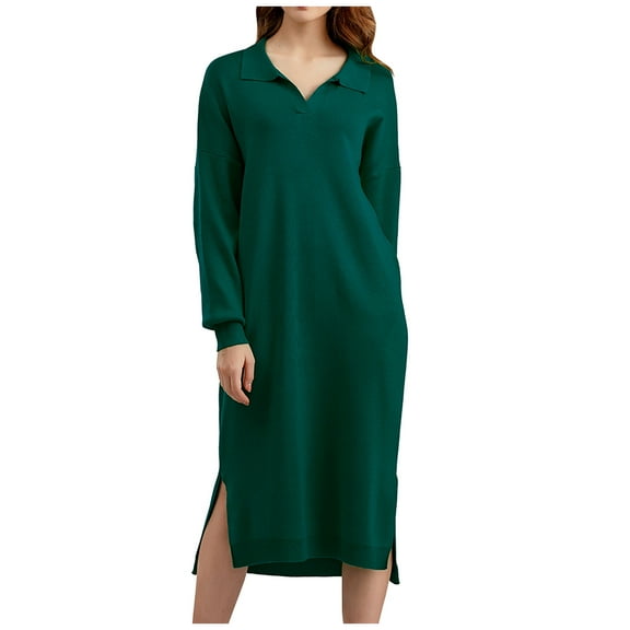 Ashirexll Womens Winter Dresses, Midi Dresses for Women, Fall Knitted Loose Long Dress With Large Split Casual Solid Color
