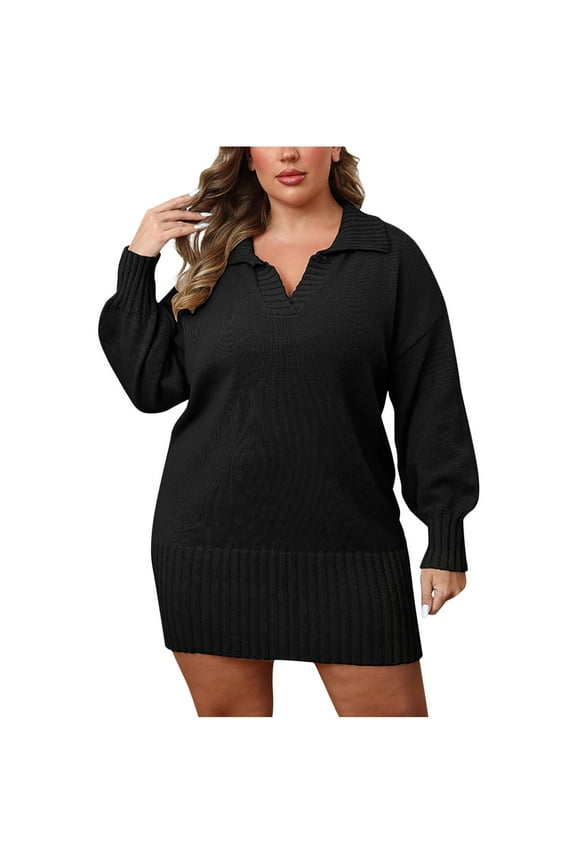 Womens Winter Dresses, Midi Dresses for Women, Fashion Oversize Elasticity Solid Color Long Sleeve V-Neck Casual