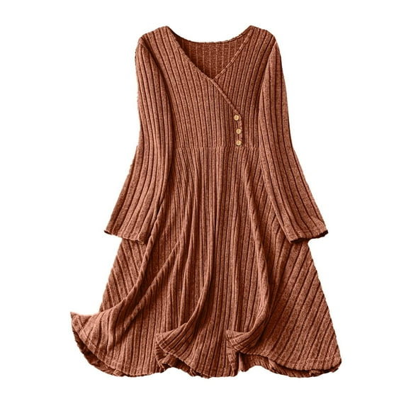 Ashirexll Womens Winter Dresses, Midi Dresses for Women, Ladies Fashion Solid Color Round Neck Back Pleated Long Sleeve Dress Jumpsuit