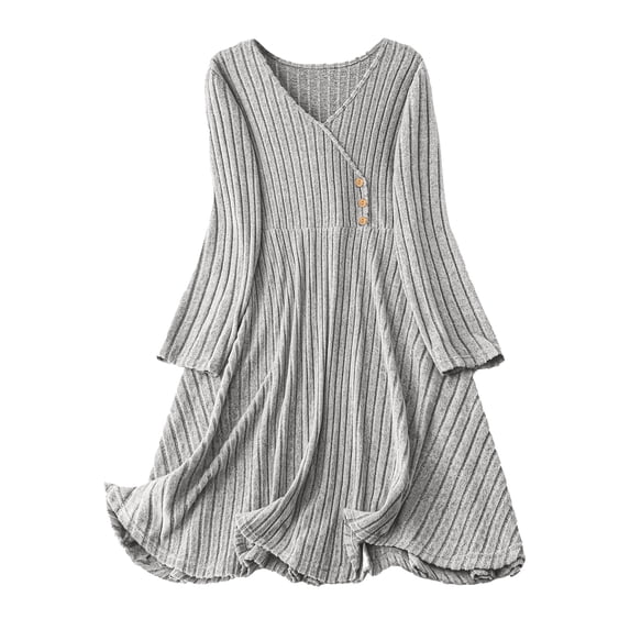 Ashirexll Womens Winter Dresses, Midi Dresses for Women, Ladies Fashion Solid Color Round Neck Back Pleated Long Sleeve Dress Jumpsuit