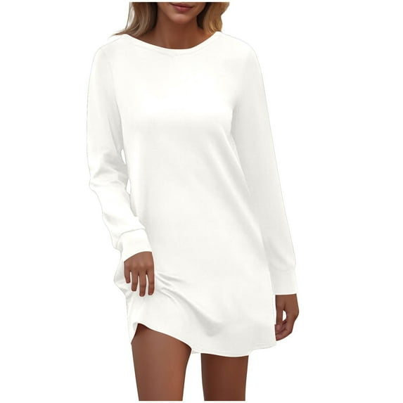 Ashirexll Womens Winter Dresses, Midi Dresses for Women, Ladies Fashion Solid Color Round Neck Back Pleated Pocket Long Sleeve