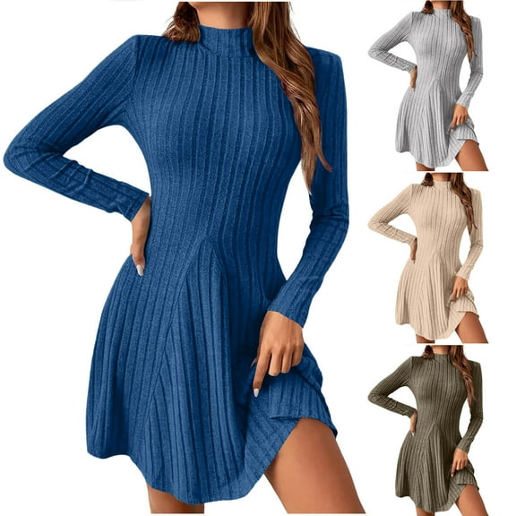 Ashirexll Womens Winter Dresses, Midi Dresses for Women, Long Sleeve Slim Half High Collar Waist Cinched A-Line Dress