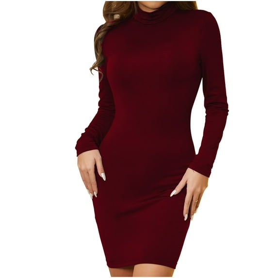 Ashirexll Womens Winter Dresses, Midi Dresses for Women, Solid Color Hip Wrap Long Sleeve Round Neck Bodycon Dress