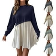 thumbnail image 1 of Ashirexll Womens Winter Dresses, Midi Dresses for Women, Solid Color Long Sleeve Round Neck Contrast Stitching Casual Fashion, 1 of 4
