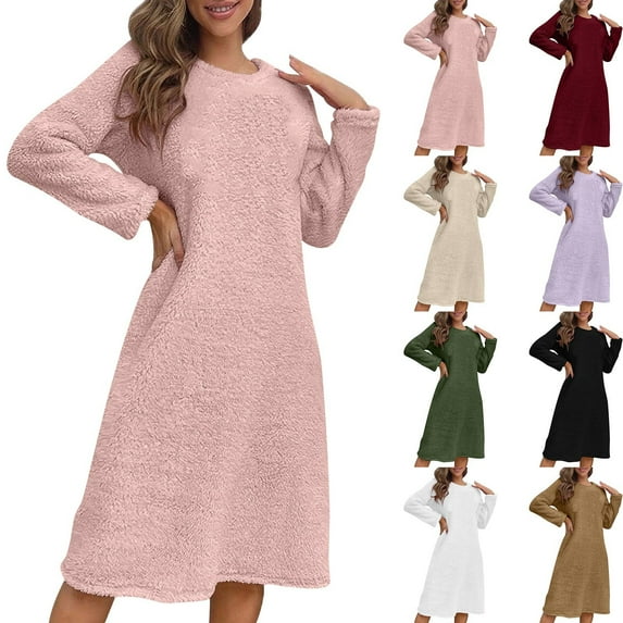 Ashirexll Womens Winter Dresses, Midi Dresses for Women, Solid Color Long Sleeve Thick Nightgown Pullover Casual Loose