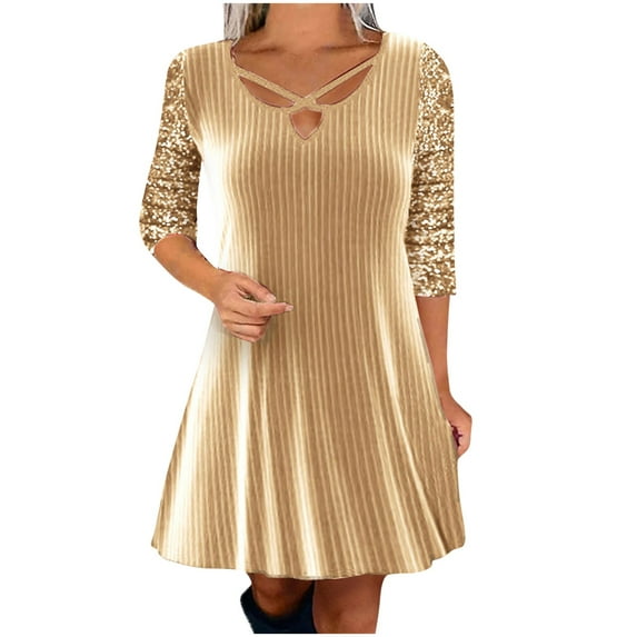 Ashirexll Womens Winter Dresses, Midi Dresses for Women, Solid Color V-Neck Sequin Casual Wide Sleeve Party Dress