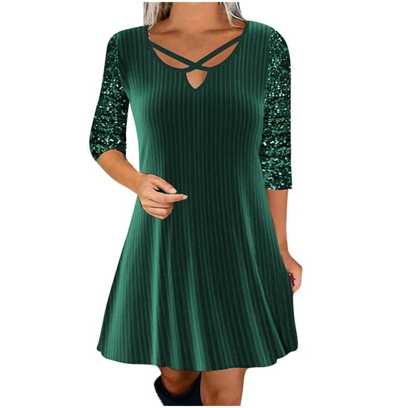 Ashirexll Womens Winter Dresses, Midi Dresses for Women, Solid Color V-Neck Sequin Casual Wide Sleeve Party Dress