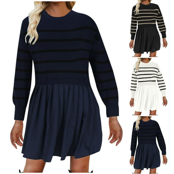 Ashirexll Womens Winter Dresses, Midi Dresses for Women, Versatile Round Neck Patchwork Loose Striped Long Sleeve Casual