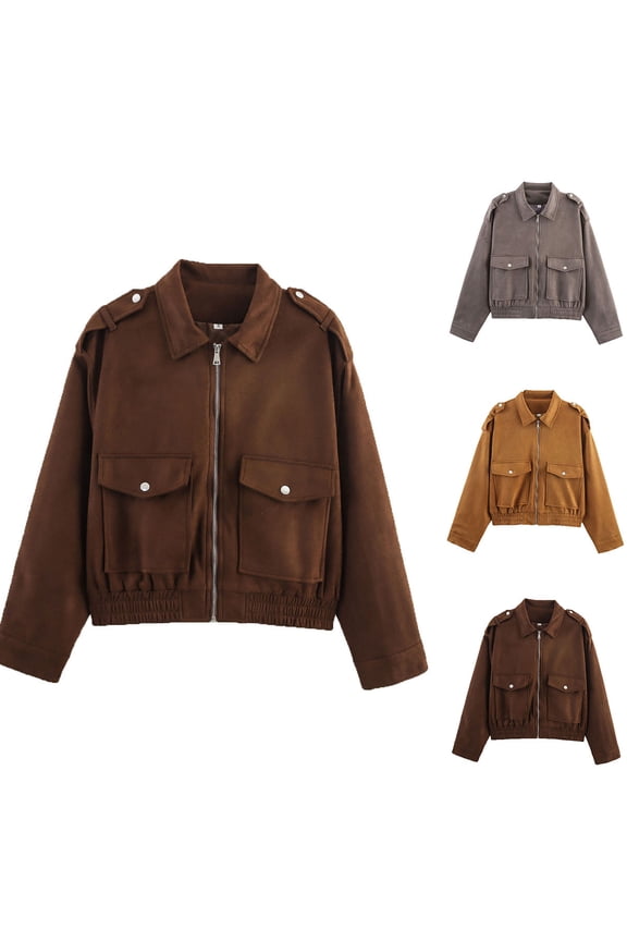 Womens Winter Jackets, Womens Long Sleeve Tops, Fashion Zipper Pocket Belted Washed Leather Short Jacket for Casual Wear