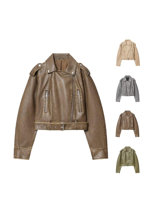 Womens Winter Jackets, Womens Long Sleeve Tops, Fashion Zipper Pocket with Belt Washed Leather Short Jacket and Coat