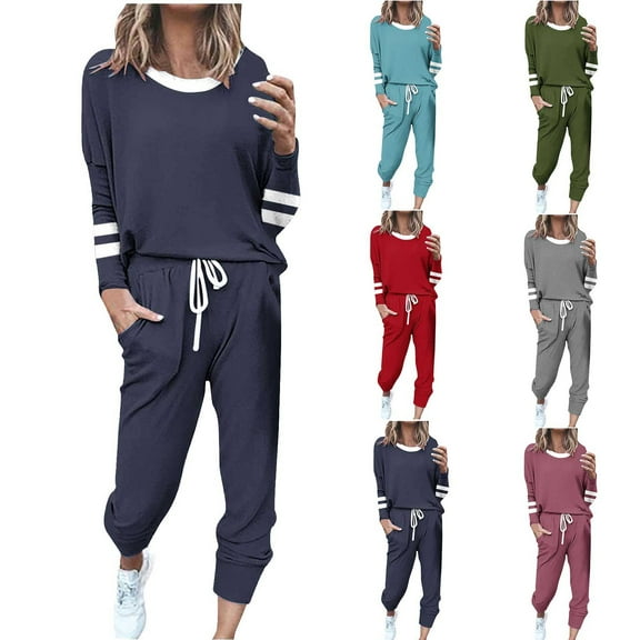 Ashirexll Womens Winter Outfits Outfits for Womens Loose Printed Long Sleeve Round Neck Top with Drawstring Waist Casual Pants Set