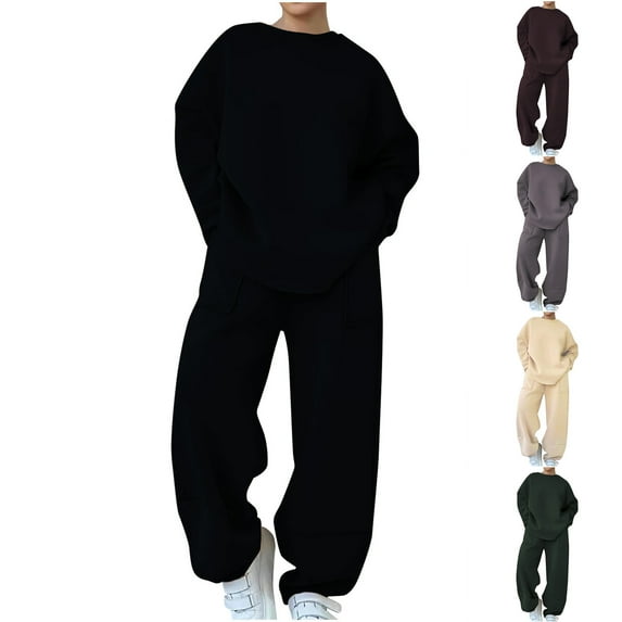 Ashirexll Womens Winter Outfits Outfits for Womens Solid Color Hooded Drop Shoulder Sleeve Top with Elastic Waist Drawstring Pockets Pants Set