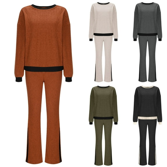 Ashirexll Womens Winter Sets 2 Piece Sets for Women Plus Size Thickened Solid Color Casual Crew Neck Sweatshirt and Pants Outfit